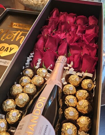 champagne, roses and chocolates